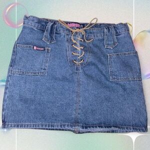 vtg y2k bubblegum usa 100% cotton western boho lace up denim mini skirt, sz 5/6